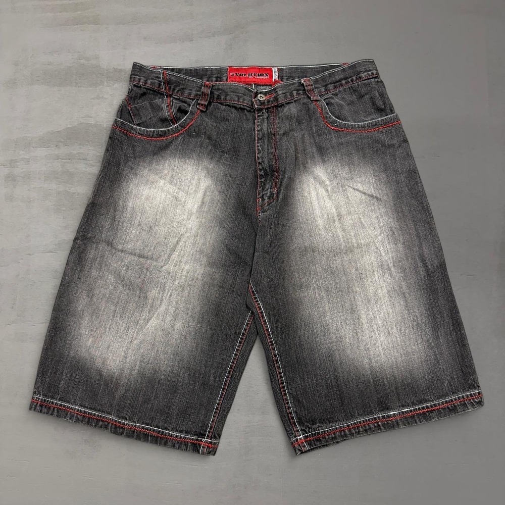 Y2K Evolution In Design Denim Shorts Black Red Contrast Stitch Baggy Skater 38